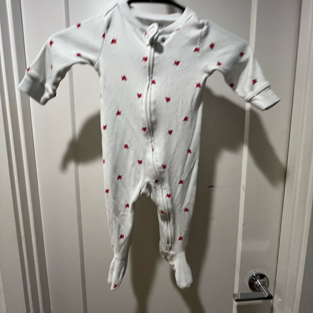 Soft White Footed Baby One-Piece with Red Heart Print